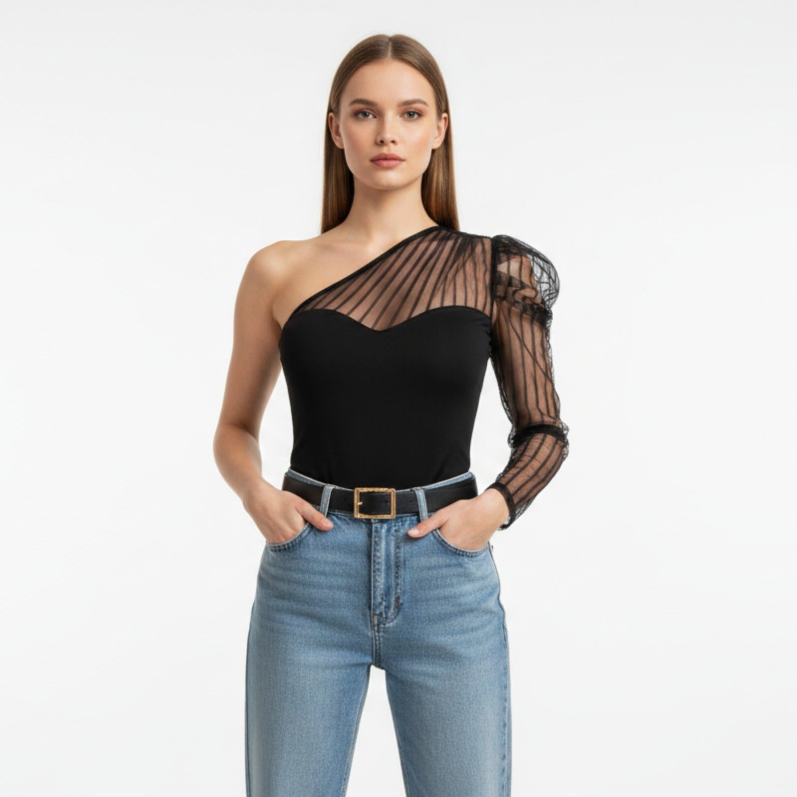 Casual Prive One Shoulder Contrast Mesh Gigot Sleeve Top – Chic Asymmetric Fashion Top