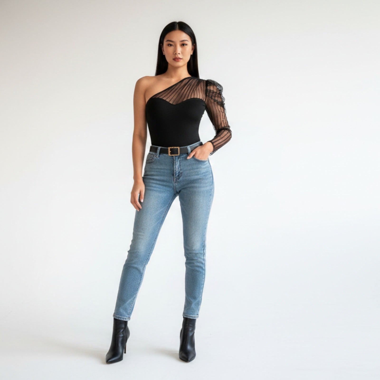 Casual Prive One Shoulder Contrast Mesh Gigot Sleeve Top – Chic Asymmetric Fashion Top