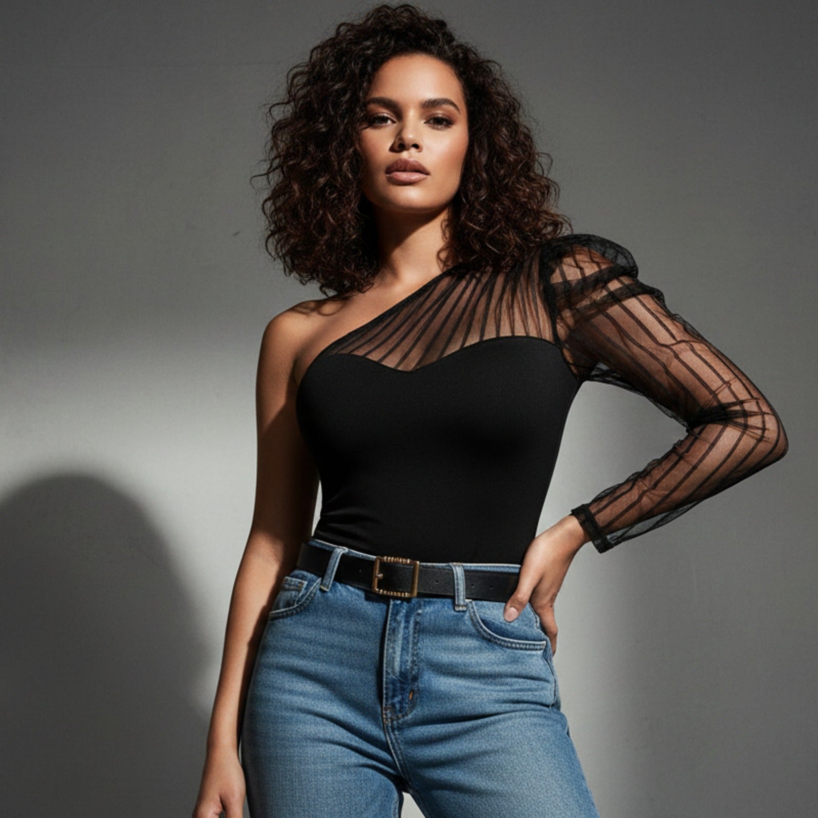 Casual Prive One Shoulder Contrast Mesh Gigot Sleeve Top – Chic Asymmetric Fashion Top